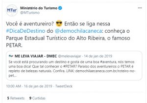 MLV no Twitter do Ministério do Turismo. MLV no Twitter do Ministério do Turismo.